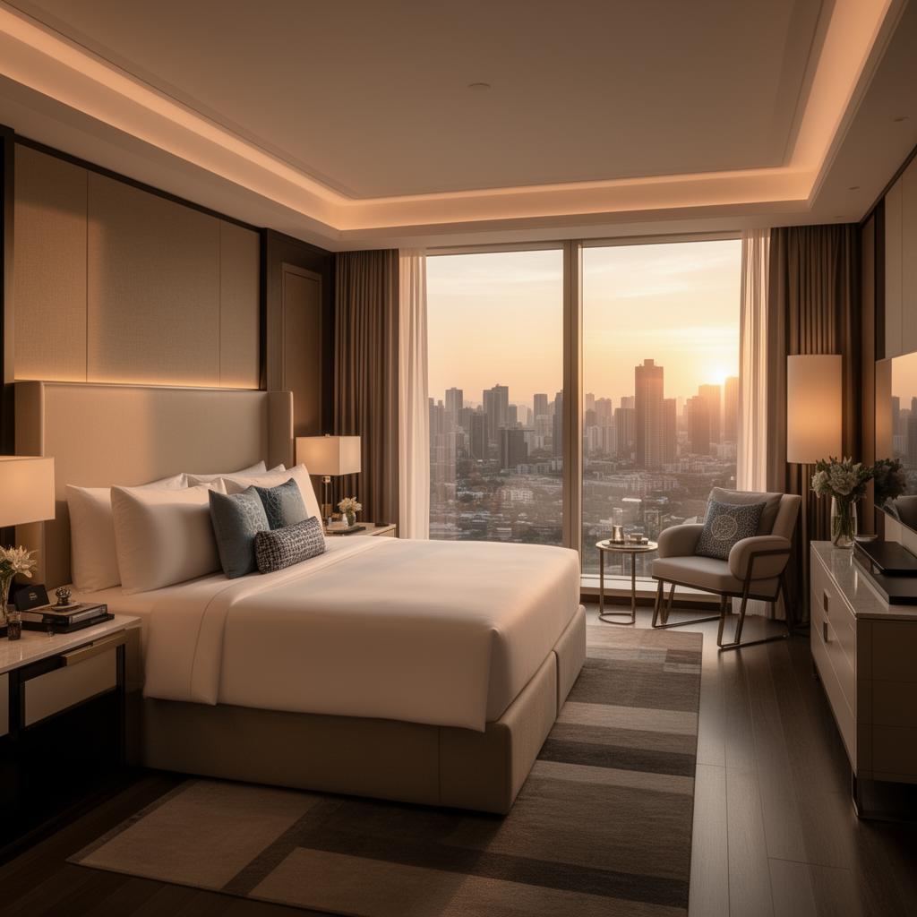 Premium condo hotel bedroom with skyline view
