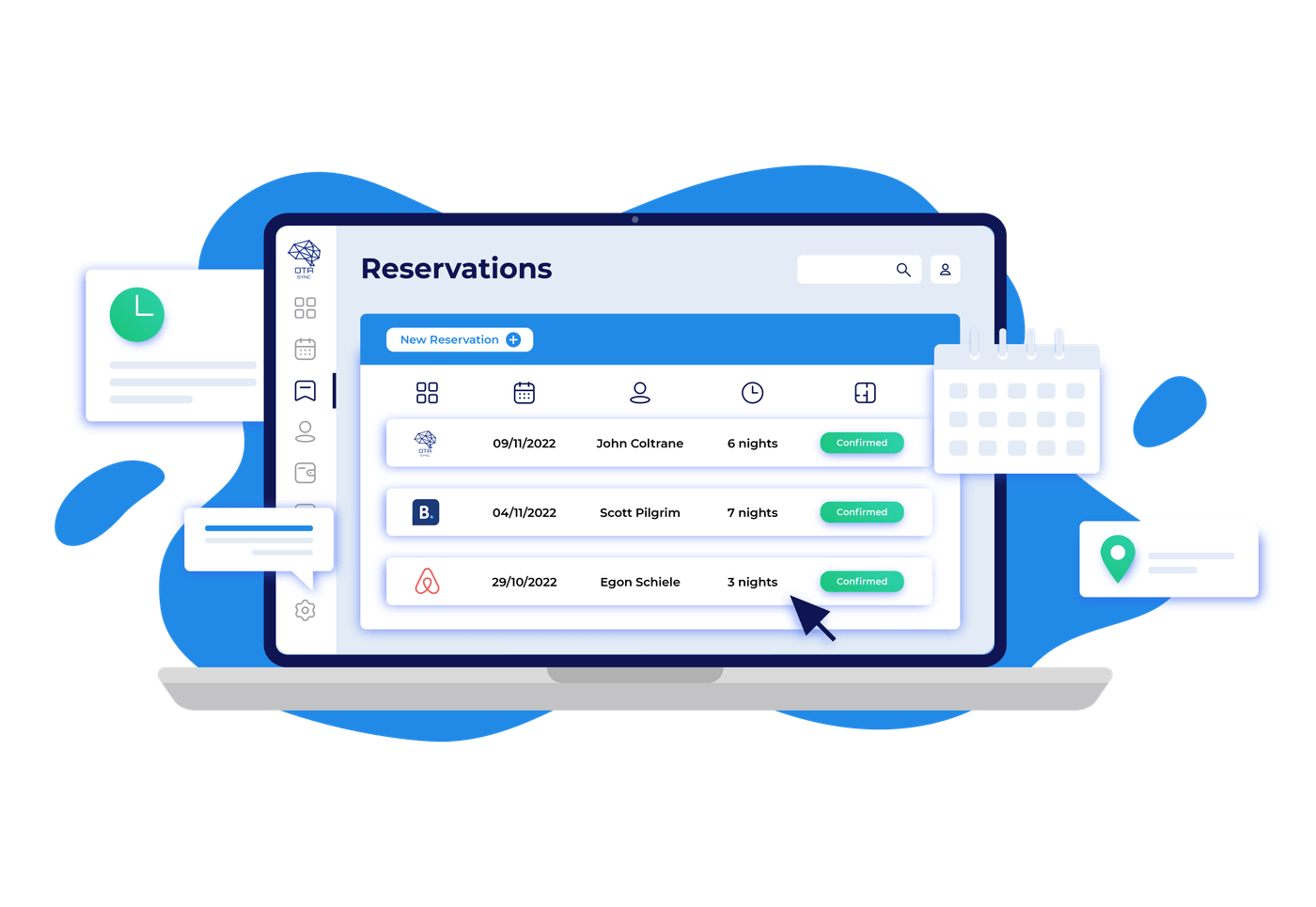 Three bookings listed with dates and details. OTA Sync Channel Manager fixes overbooking issues