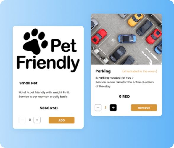 Pet Services: Small pets, 5866 RSD option. Parking: Included, modify at no cost. OTA Sync booking engine to increse direct bookings for hotels and apartaments.