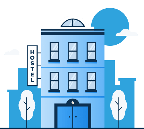 Four-story blue hostel with dome and trees. OTA Sync cloud hotel management solution for hostels