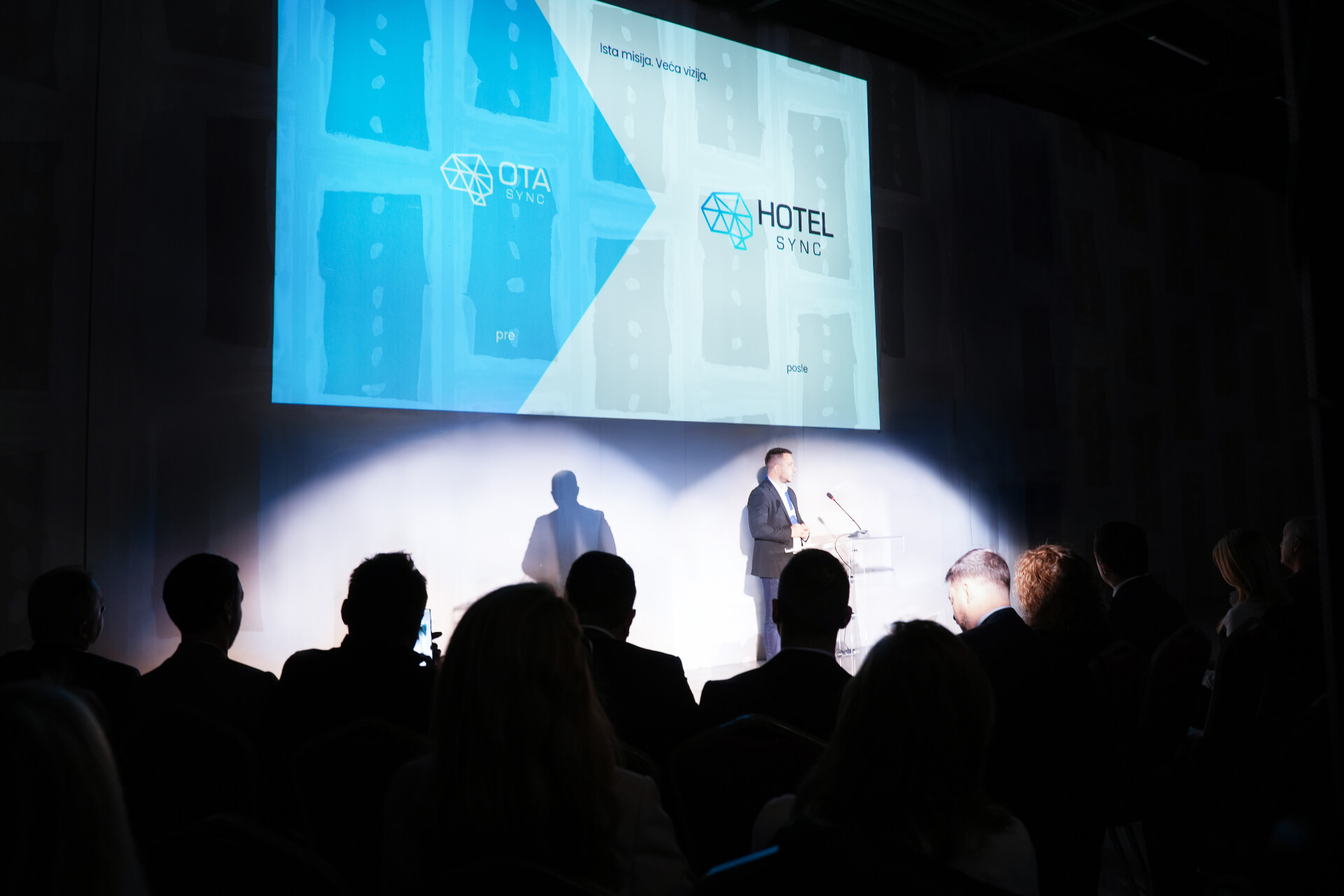 HotelSync rebrand presentation on stage showing the transition from OTA Sync to HotelSync