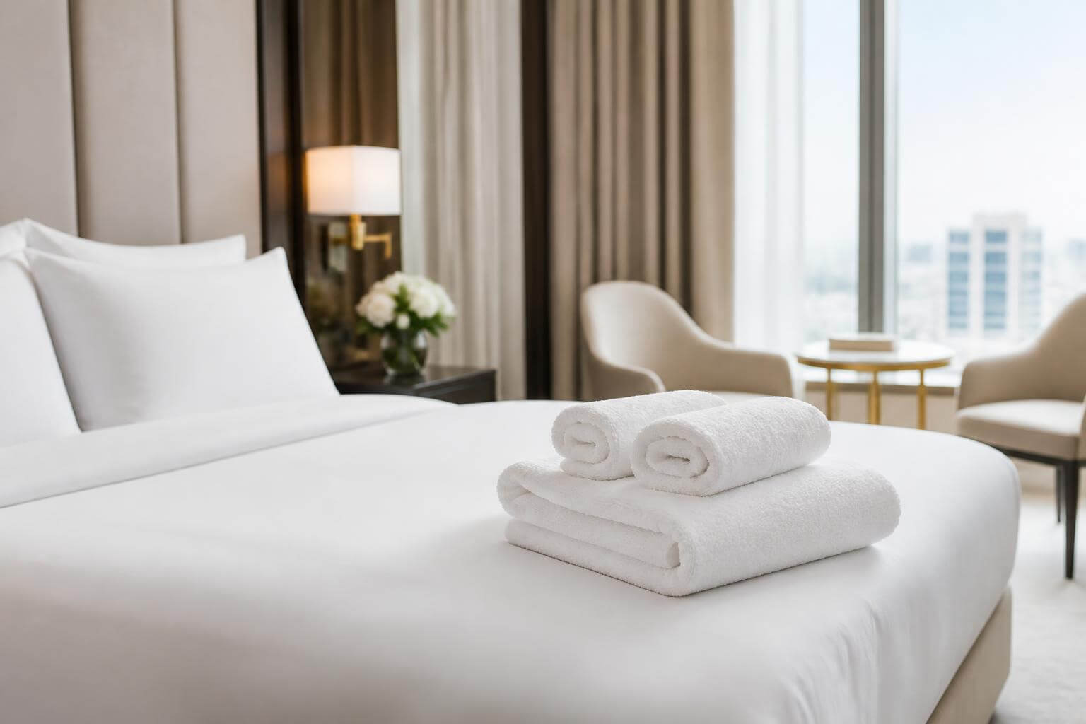 Luxury hotel room with neatly folded white towels on a freshly made bed